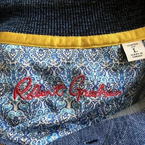 Robert Graham Mens Polo Shirt L Blue Lotus Swirl Short Sleeve - Picture 5 of 6